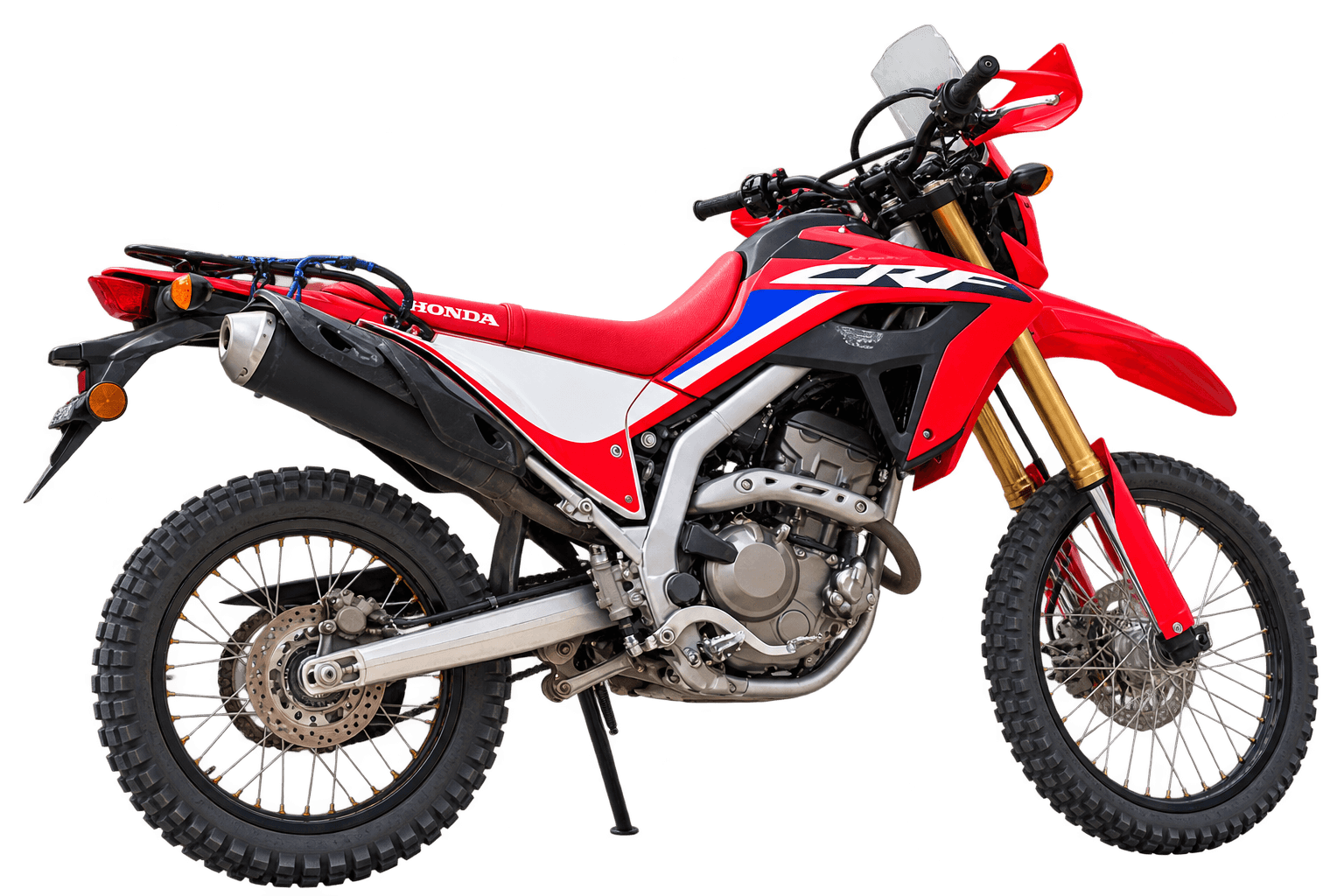 Red Honda CRF300L adventure motorcycle, complete side view